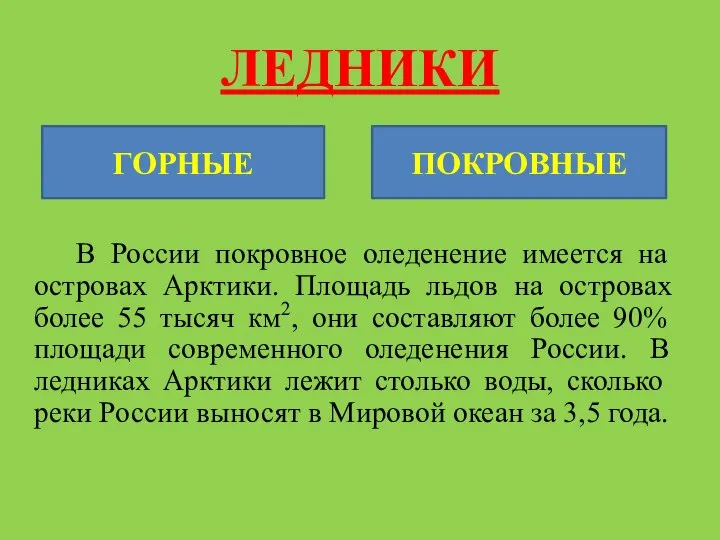 ЛЕДНИКИ В России покровное оледенение имеется на островах Арктики. Площадь льдов на