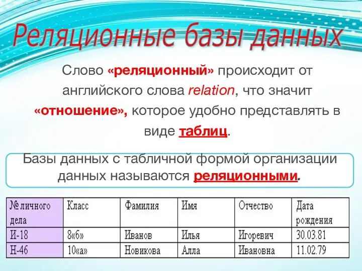 Слово «реляционный» происходит от английского слова relation, что значит «отношение», которое удобно