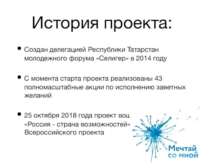 История проекта: Создан делегацией Республики Татарстан молодежного форума «Селигер» в 2014 году