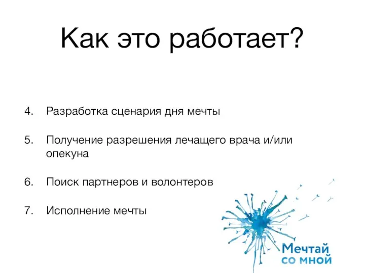 Как это работает? Разработка сценария дня мечты Получение разрешения лечащего врача и/или