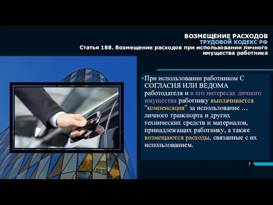 ВОЗМЕЩЕНИЕ РАСХОДОВ ТРУДОВОЙ КОДЕКС РФ Статья 188. Возмещение расходов при использовании личного