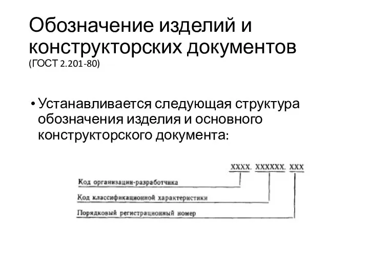 Обозначение изделий и конструкторских документов (ГОСТ 2.201-80) Устанавливается следующая структура обозначения изделия и основного конструкторского документа: