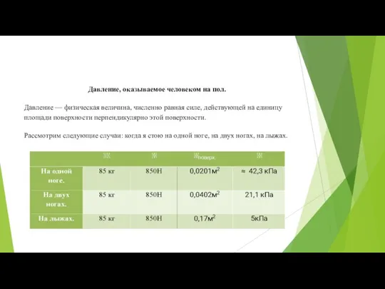 Давление, оказываемое человеком на пол. Давление — физическая величина, численно равная силе,