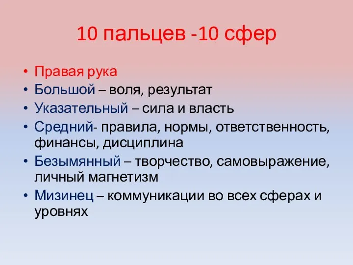 10 пальцев -10 сфер Правая рука Большой – воля, результат Указательный –