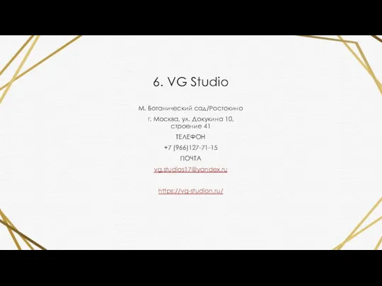 6. VG Studio М. Ботанический сад/Ростокино г. Москва, ул. Докукина 10, строение