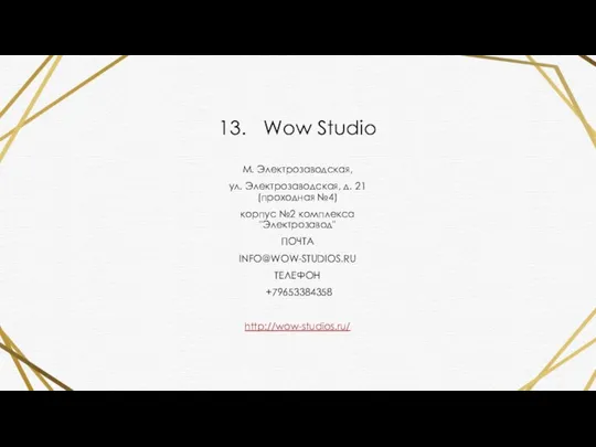 13. Wow Studio М. Электрозаводская, ул. Электрозаводская, д. 21 (проходная №4) корпус