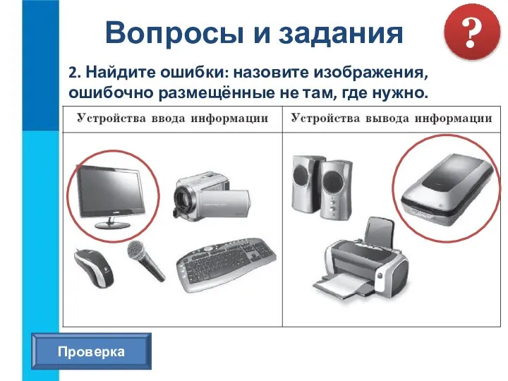 2. Найдите ошибки: назовите изображения, ошибочно размещённые не там, где нужно. Вопросы и задания Проверка ?