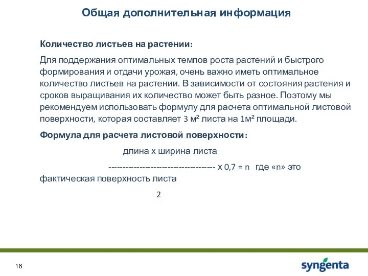 Общая дополнительная информация Количество листьев на растении: Для поддержания оптимальных темпов роста