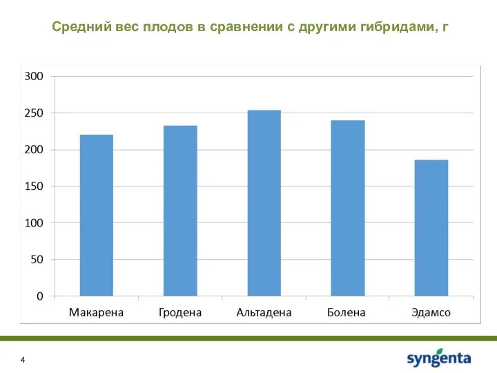 Средний вес плодов в сравнении с другими гибридами, г