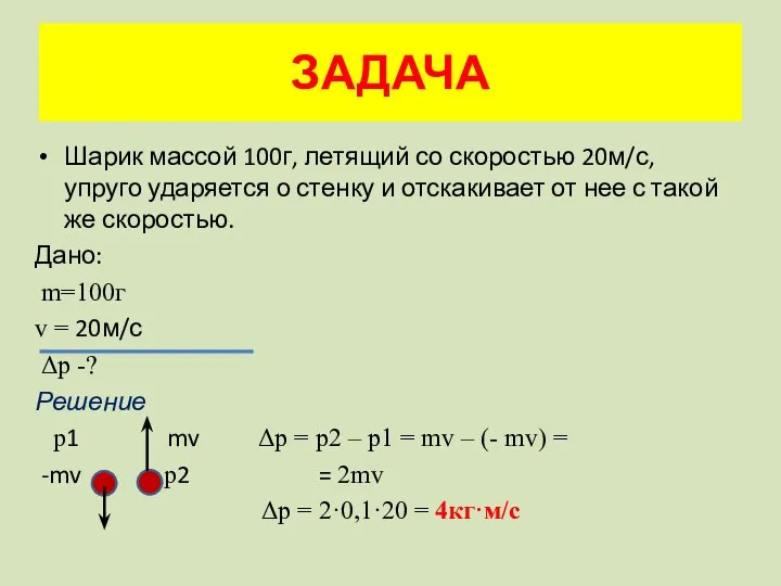 ЗАДАЧА Шарик массой 100г, летящий со скоростью 20м/с, упруго ударяется о стенку