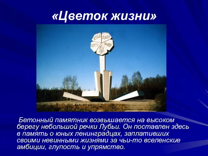 «Цветок жизни» Бетонный памятник возвышается на высоком берегу небольшой речки Лубьи. Он