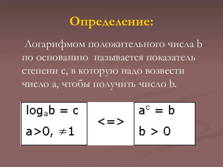 Определение: Логарифмом положительного числа b по основанию называется показатель степени с, в