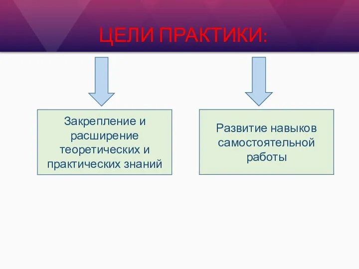 ЦЕЛИ ПРАКТИКИ: Закрепление и расширение теоретических и практических знаний Развитие навыков самостоятельной работы