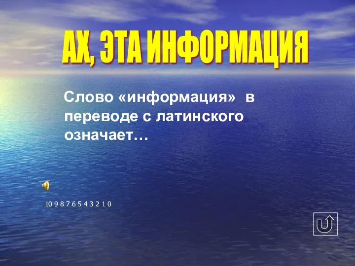 Слово «информация» в переводе с латинского означает… 10 9 8 7 6