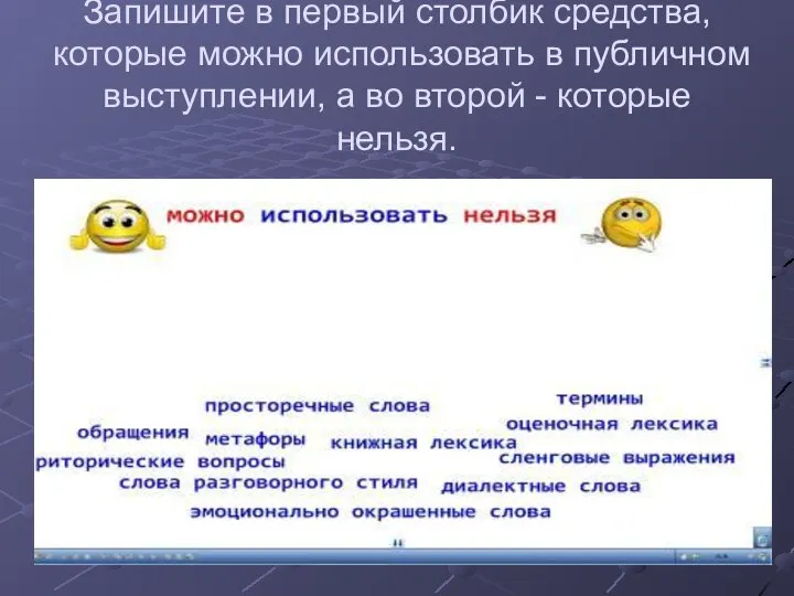 Запишите в первый столбик средства, которые можно использовать в публичном выступлении, а