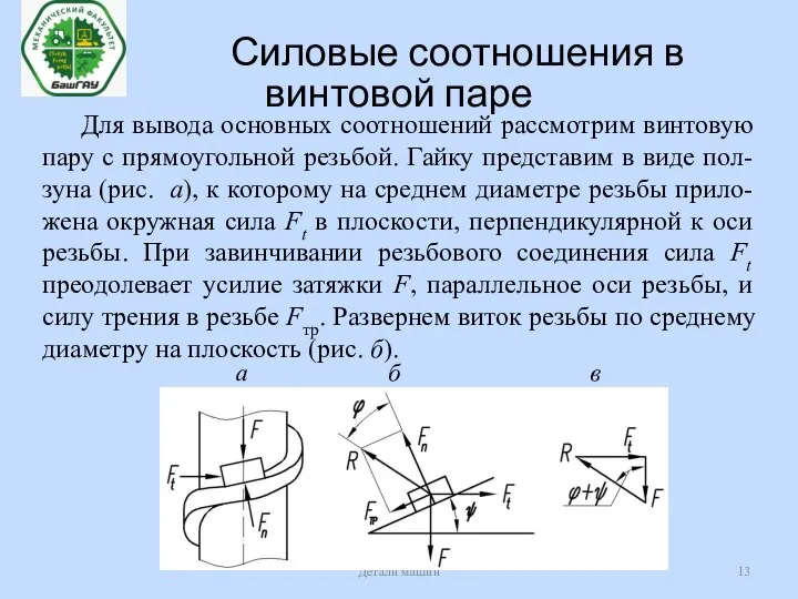 Силовые соотношения в винтовой паре Детали машин Для вывода основных соотношений рассмотрим