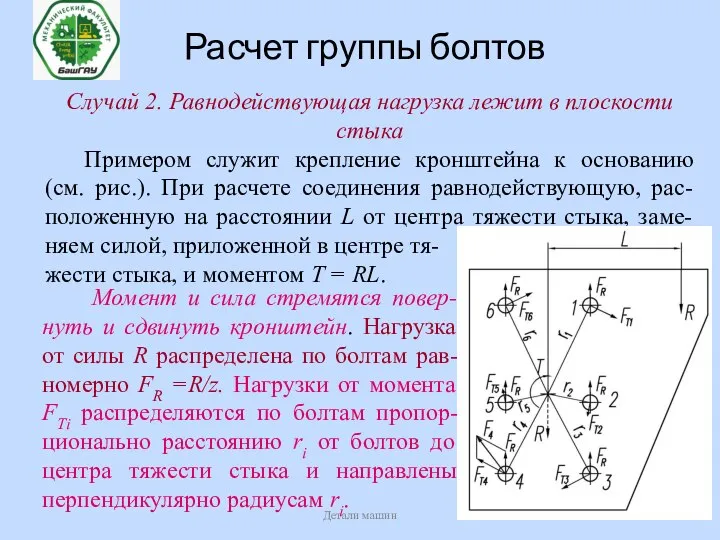 Расчет группы болтов Детали машин Случай 2. Равнодействующая нагрузка лежит в плоскости