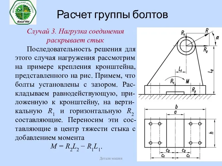 Расчет группы болтов Детали машин Случай 3. Нагрузка соединения раскрывает стык Последовательность