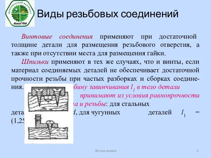 Виды резьбовых соединений Детали машин Винтовые соединения применяют при достаточной толщине детали