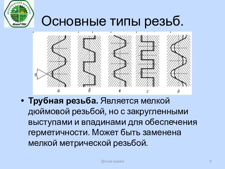 Основные типы резьб. Трубная резьба. Является мелкой дюймовой резьбой, но с закругленными