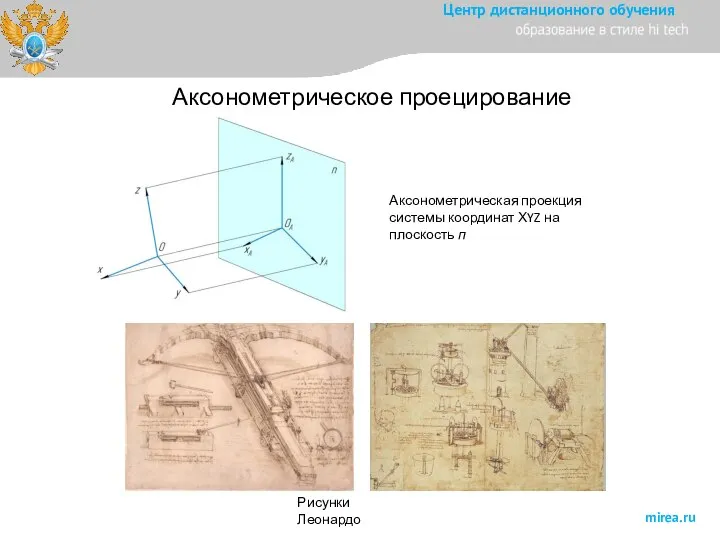 Аксонометрическое проецирование Аксонометрическая проекция системы координат ХYZ на плоскость п Рисунки Леонардо