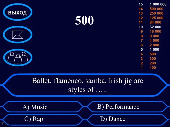 Ballet, flamenco, samba, Irish jig are styles of ….. A) Music B)