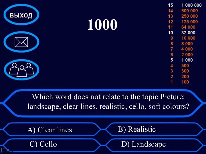 Which word does not relate to the topic Picture: landscape, clear lines,