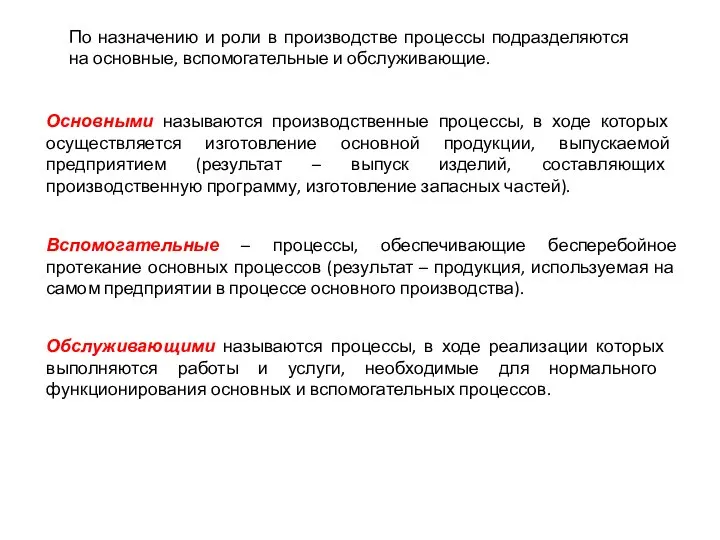 По назначению и роли в производстве процессы подразделяются на основные, вспомогательные и