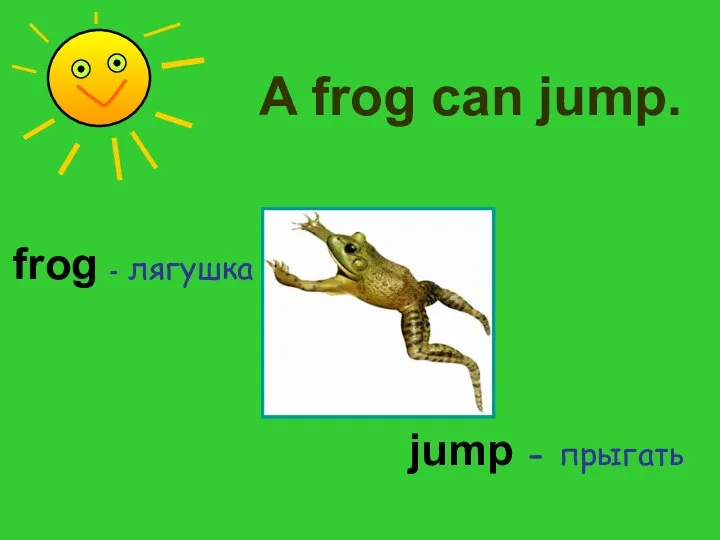 A frog can jump. frog - лягушка jump - прыгать