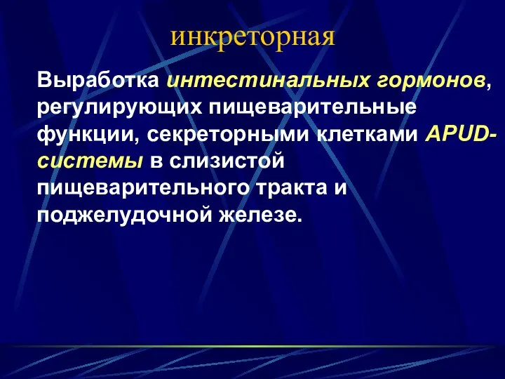 инкреторная Выработка интестинальных гормонов, регулирующих пищеварительные функции, секреторными клетками APUD-системы в слизистой