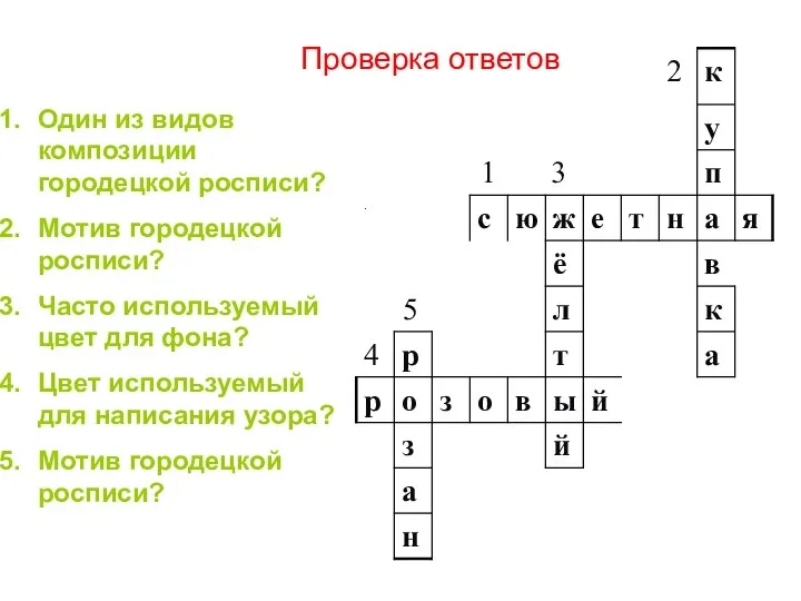 Один из видов композиции городецкой росписи? Мотив городецкой росписи? Часто используемый цвет