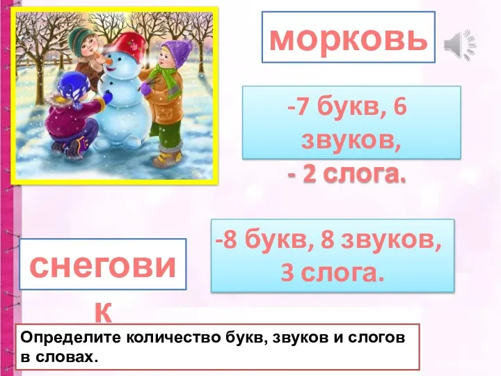 морковь снеговик Определите количество букв, звуков и слогов в словах. 7 букв,