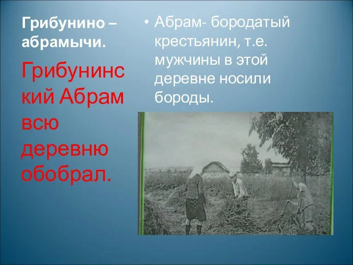 Грибунино – абрамычи. Абрам- бородатый крестьянин, т.е. мужчины в этой деревне носили