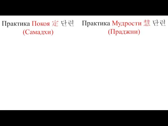 Практика Покоя 定 단련 (Самадхи) Практика Мудрости 慧 단련 (Праджни)