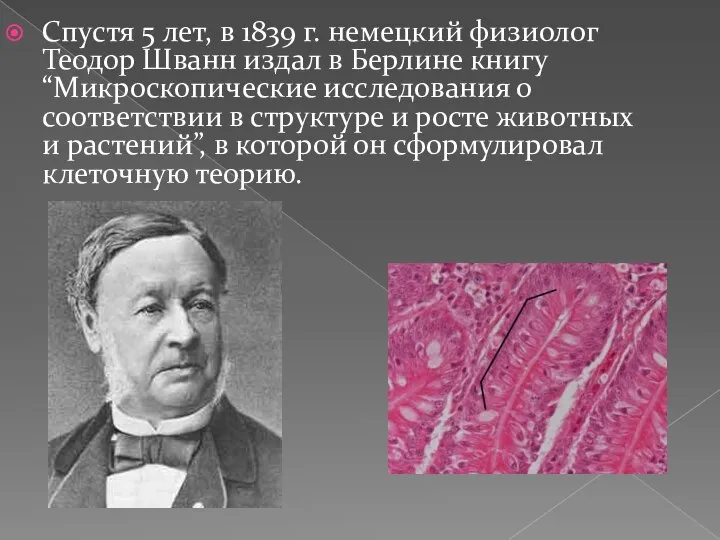 Спустя 5 лет, в 1839 г. немецкий физиолог Теодор Шванн издал в