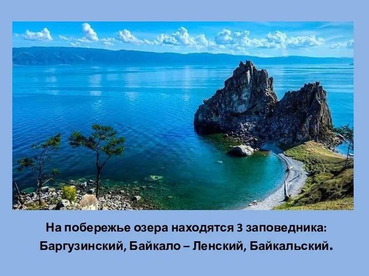 На побережье озера находятся 3 заповедника: Баргузинский, Байкало – Ленский, Байкальский.