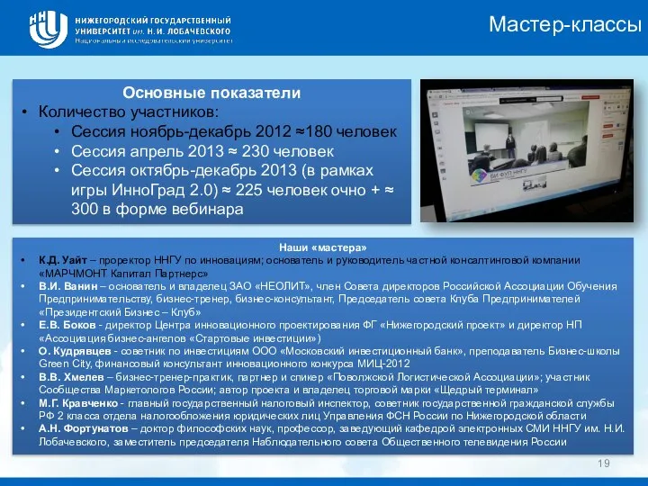 Основные показатели Количество участников: Сессия ноябрь-декабрь 2012 ≈180 человек Сессия апрель 2013