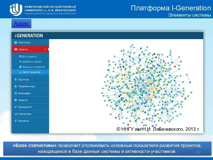© ННГУ им.Н.И. Лобачевского, 2013 г. «Блок статистики» позволяет отслеживать основные показатели