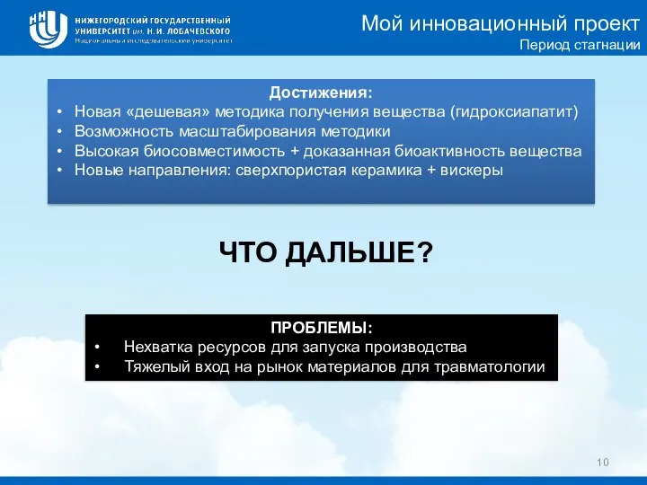 Мой инновационный проект Период стагнации Достижения: Новая «дешевая» методика получения вещества (гидроксиапатит)