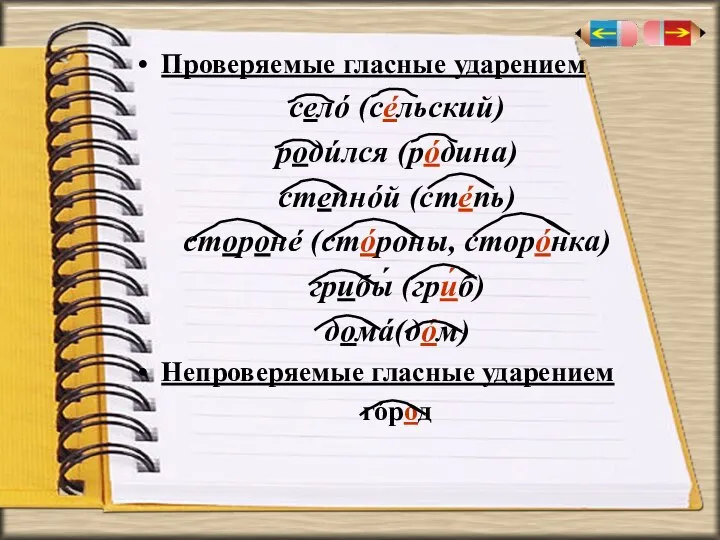 Проверяемые гласные ударением селó (сéльский) родúлся (рóдина) степнóй (стéпь) сторонé (стóроны, сторóнка)