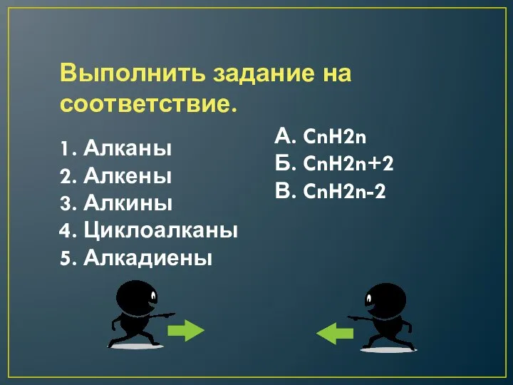 Выполнить задание на соответствие. 1. Алканы 2. Алкены 3. Алкины 4. Циклоалканы