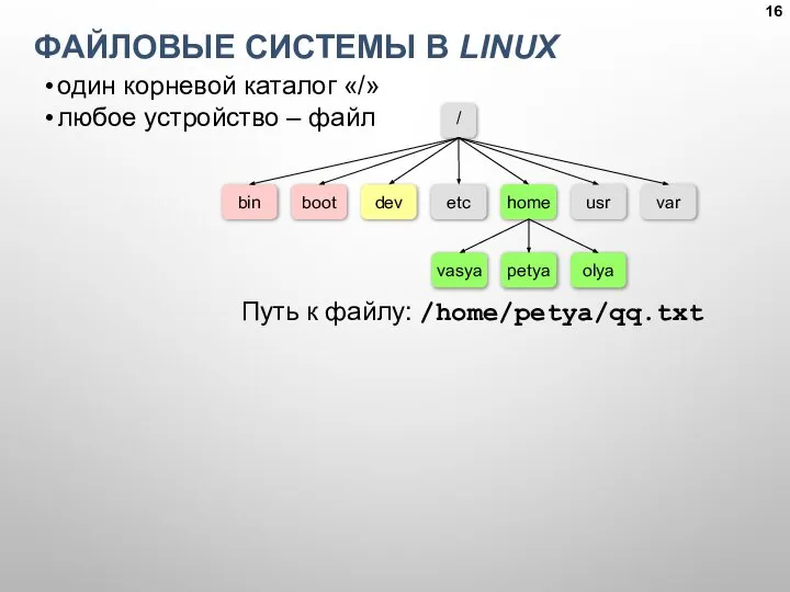 ФАЙЛОВЫЕ СИСТЕМЫ В LINUX один корневой каталог «/» любое устройство – файл Путь к файлу: /home/petya/qq.txt