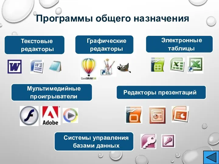 Редакторы презентаций Текстовые редакторы Электронные таблицы Графические редакторы Системы управления базами данных