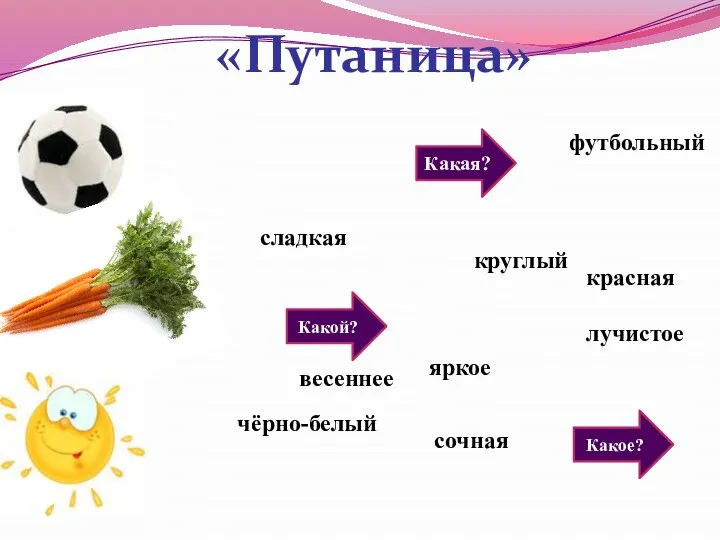 Какая? Какой? Какое? круглый футбольный чёрно-белый красная сочная сладкая весеннее лучистое яркое «Путаница»