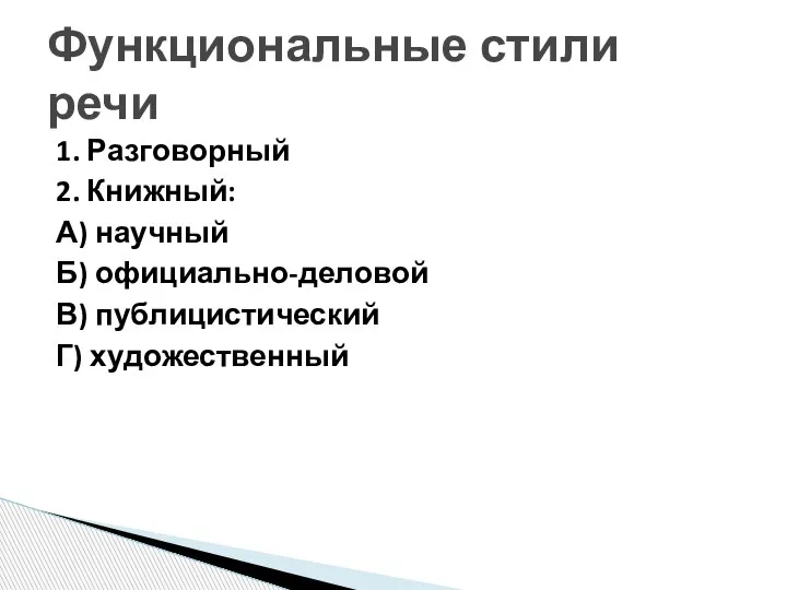 1. Разговорный 2. Книжный: А) научный Б) официально-деловой В) публицистический Г) художественный Функциональные стили речи