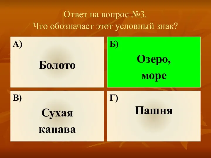 Ответ на вопрос №3. Что обозначает этот условный знак? А) Болото Б)