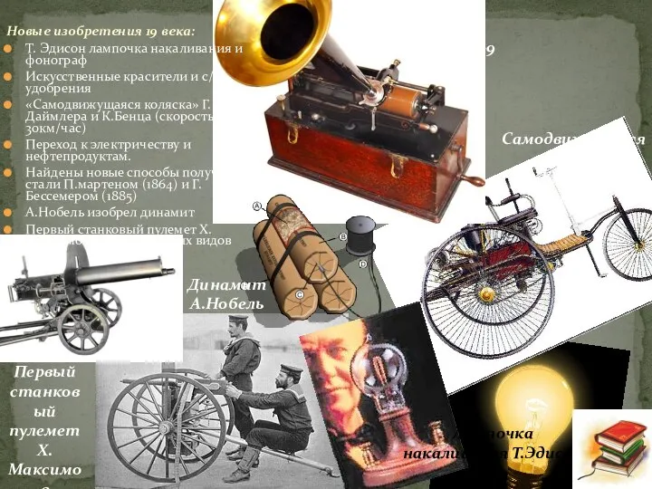 Новые изобретения 19 века: Т. Эдисон лампочка накаливания и фонограф Искусственные красители