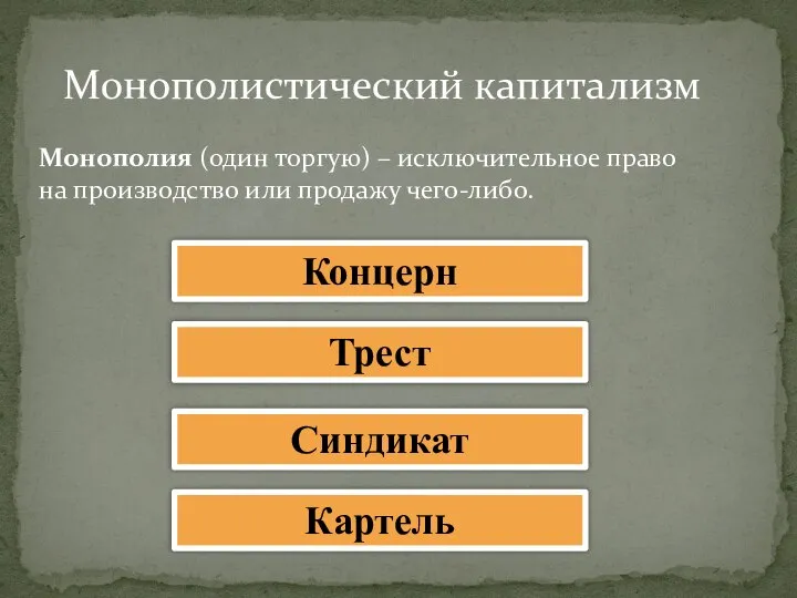 Монополистический капитализм Монополия (один торгую) – исключительное право на производство или продажу