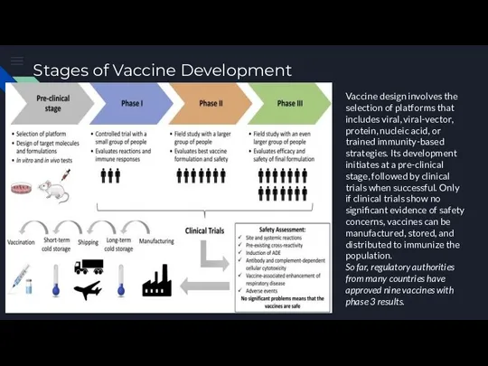 Stages of Vaccine Development Vaccine design involves the selection of platforms that