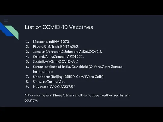 List of COVID-19 Vaccines Moderna. mRNA-1273. Pfizer/BioNTech. BNT162b2. Janssen (Johnson & Johnson)